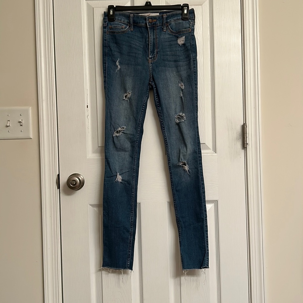 Hollister High Rise Super Skinny Ripped Blue Jeans Cotton-Blend Size W 25 L 30